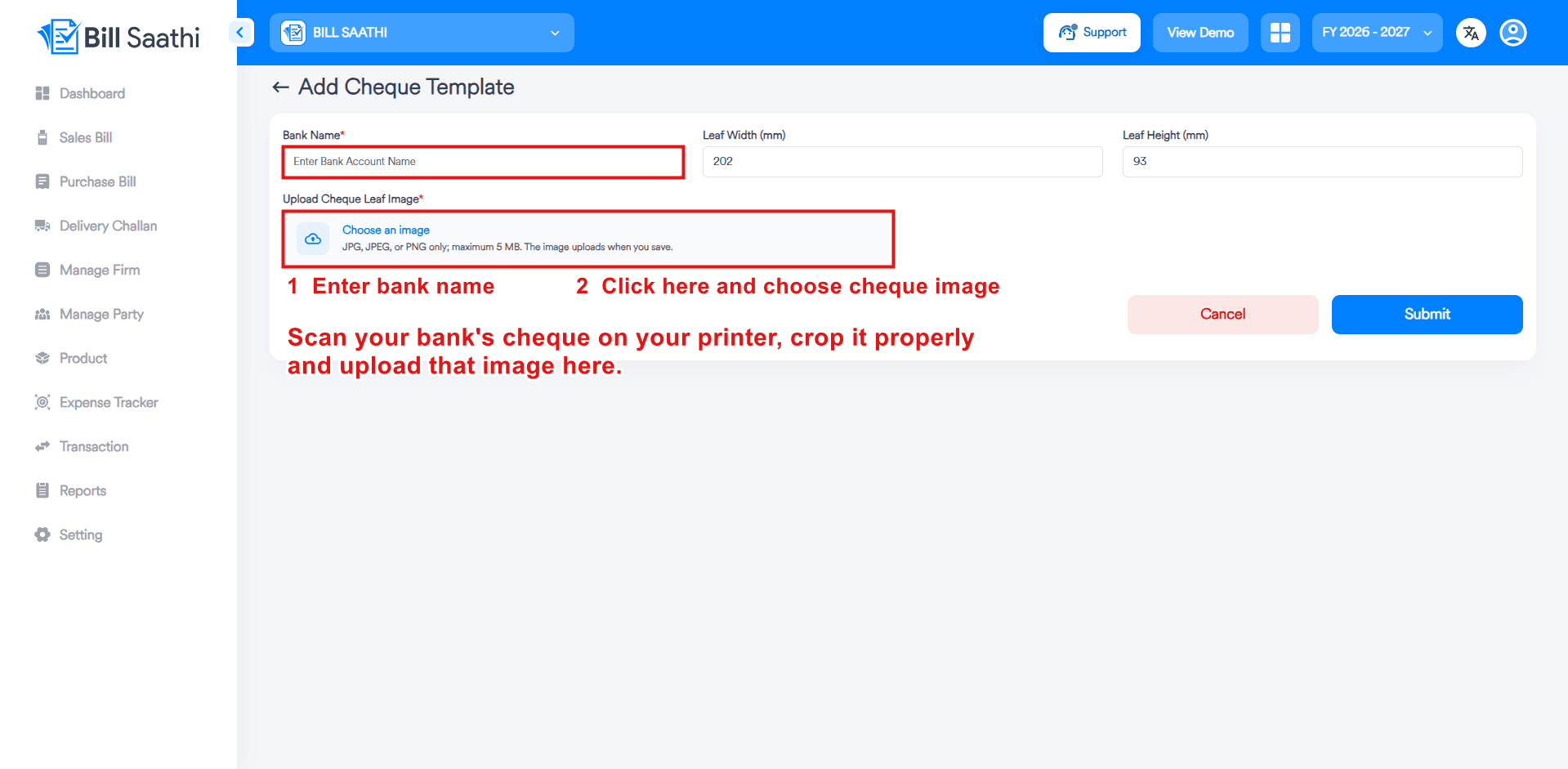Step 4: Enter Bank Name and Upload Cheque Image - Bill Saathi cheque printing guide