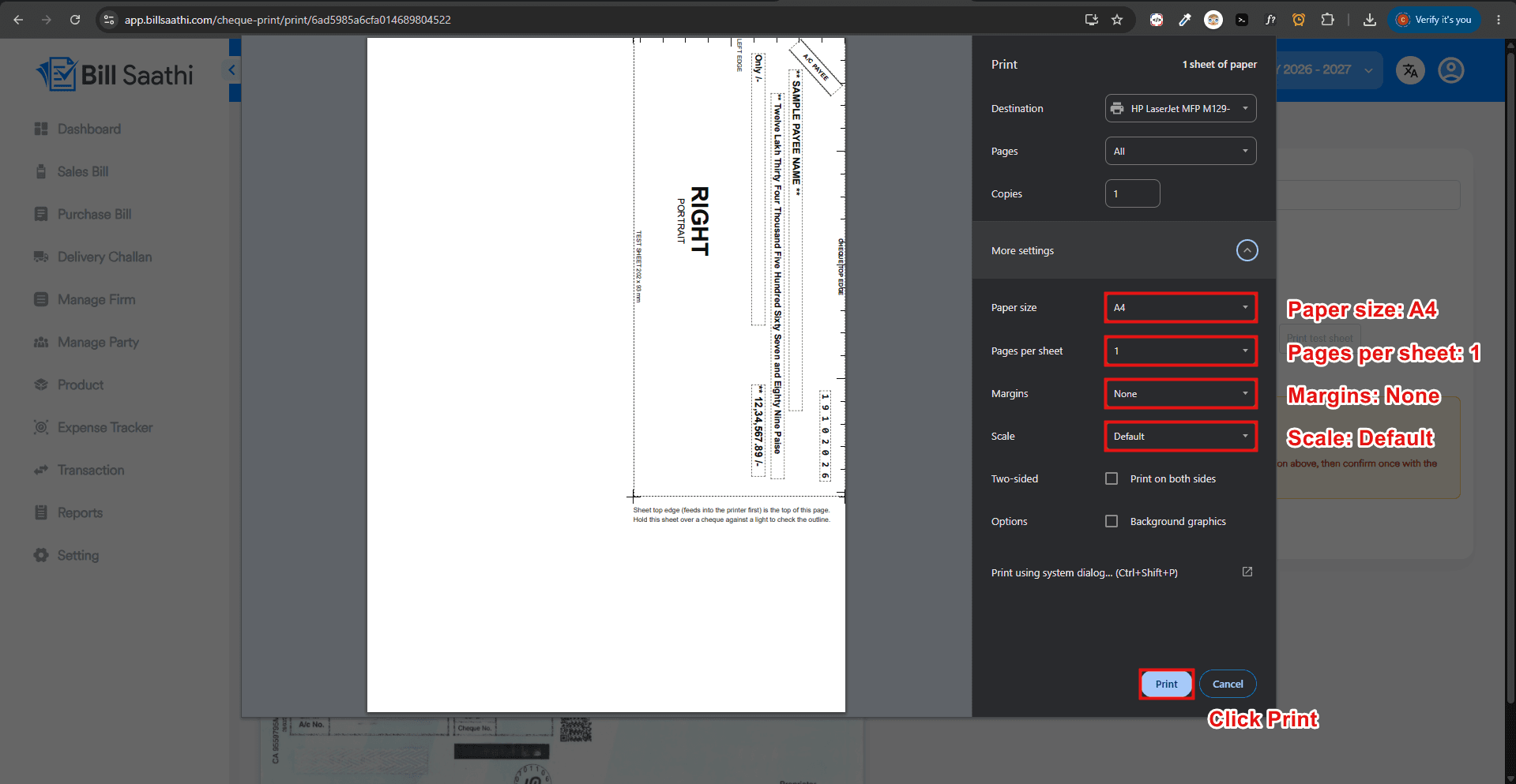 Step 7: Print a Test Sheet - Bill Saathi cheque printing guide