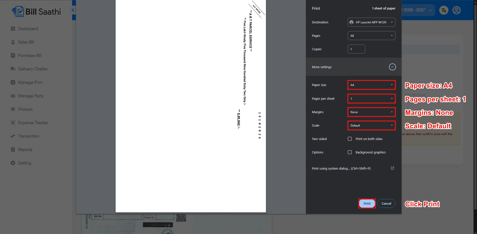 Step 8: Print the Actual Cheque - Bill Saathi cheque printing guide